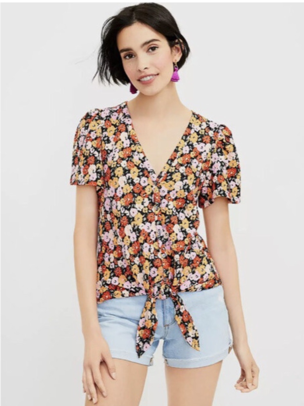 Loft Floral Textured Tie-Front Top